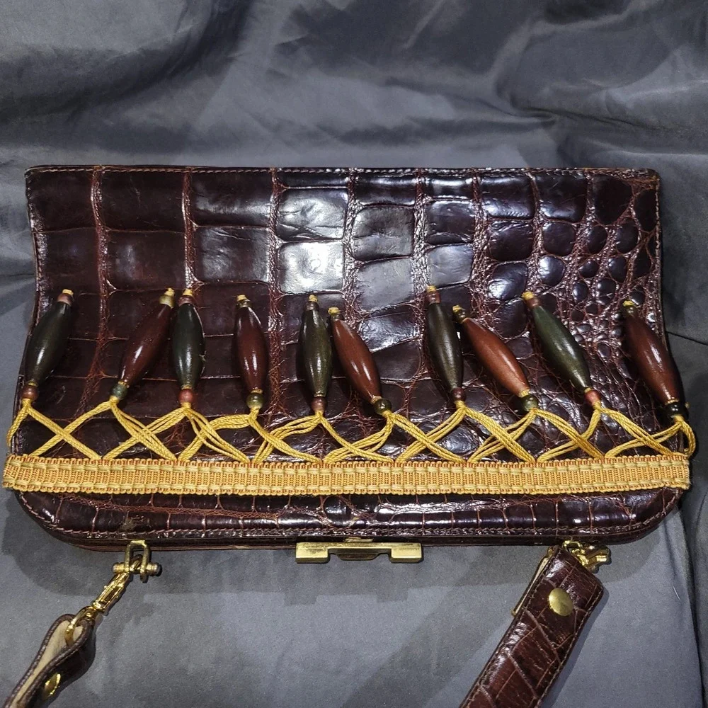 Vintage 1950s Macy Associates Brown Crocodile Skin Purse Handbag ~ France
